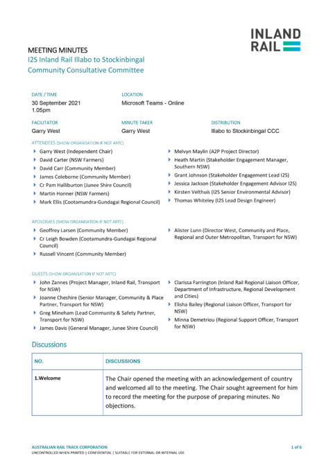 Illabo To Stockinbingal CCC Meeting Minutes 30 September 2021 Inland Rail