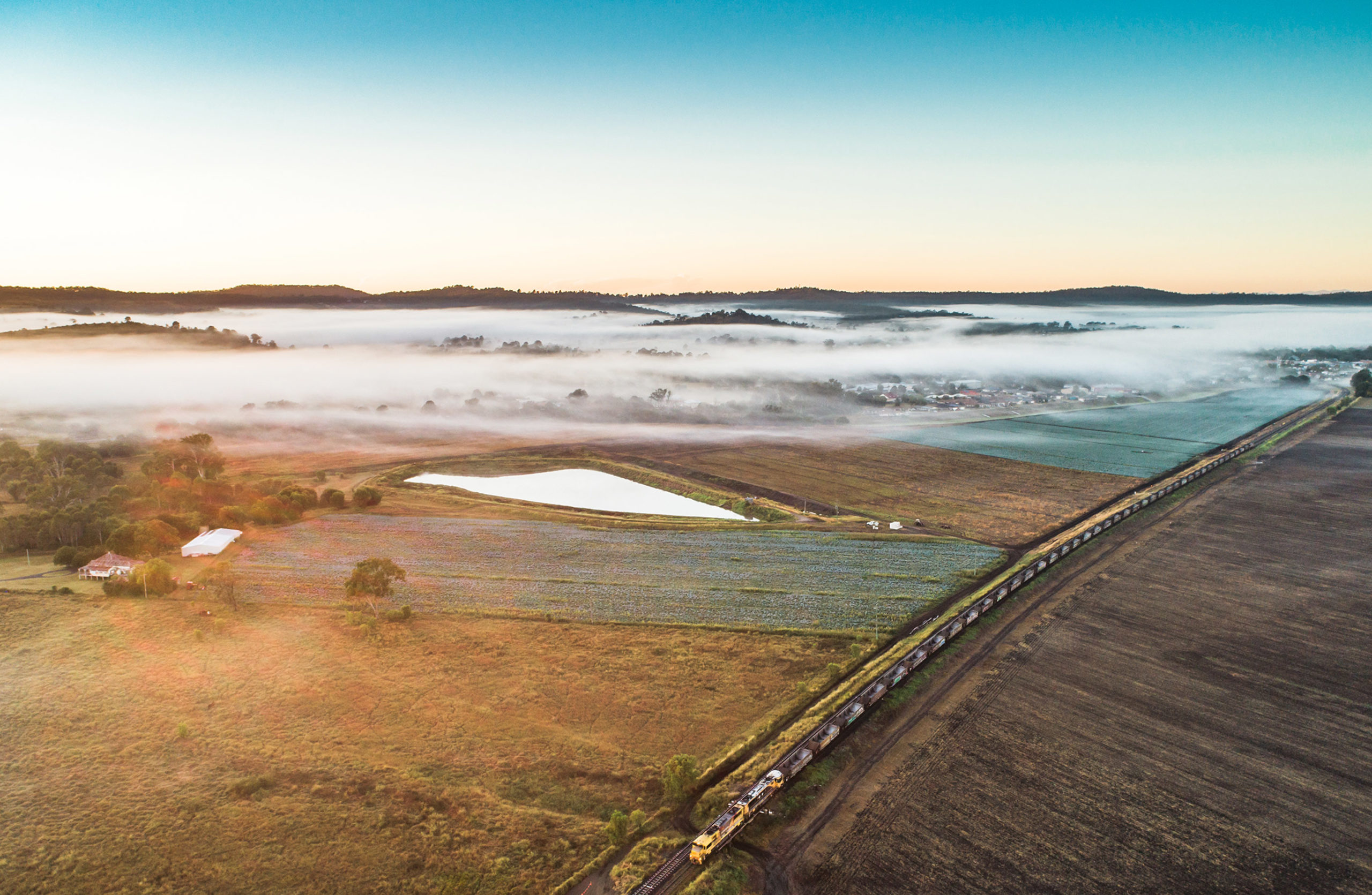 Aerial view of the existing railway line, Old Laidley Forest Hill Road, Queensland.