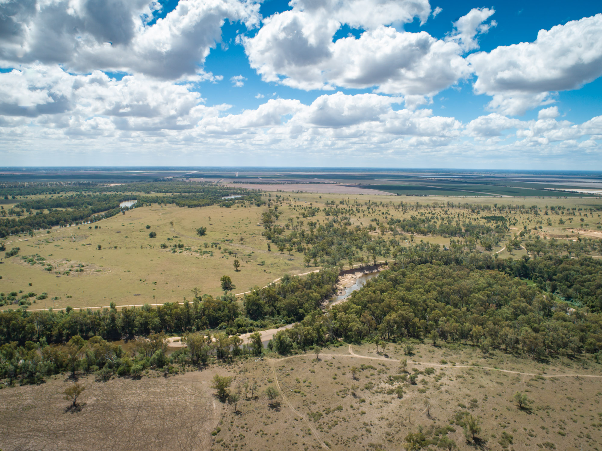 Aerial view of Greenfield study area, Macintyre River near Boggabilla, New South Wales.