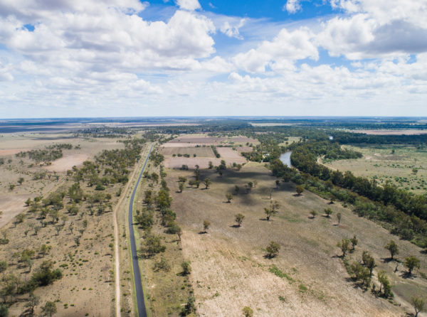 Aerial view of Greenfield study area, Macintyre River near Boggabilla, New South Wales.