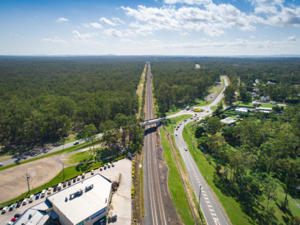 Aerial view of existing rail line, Teviot Road, Greenbank, Queensland.