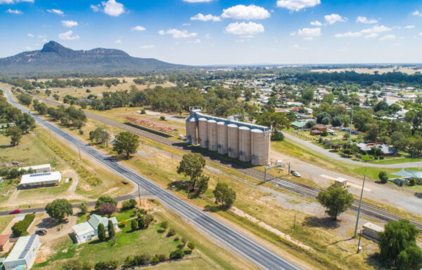 Aerial view of the silos tower and grain shed in the Rock, New South Wales.