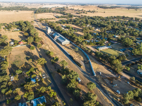Aerial view of the Stockinbingal Grain Silos, New South Wales.