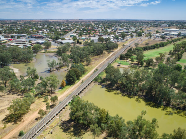 Aerial view of Lake Forbes Rail Bridge, New South Wales.