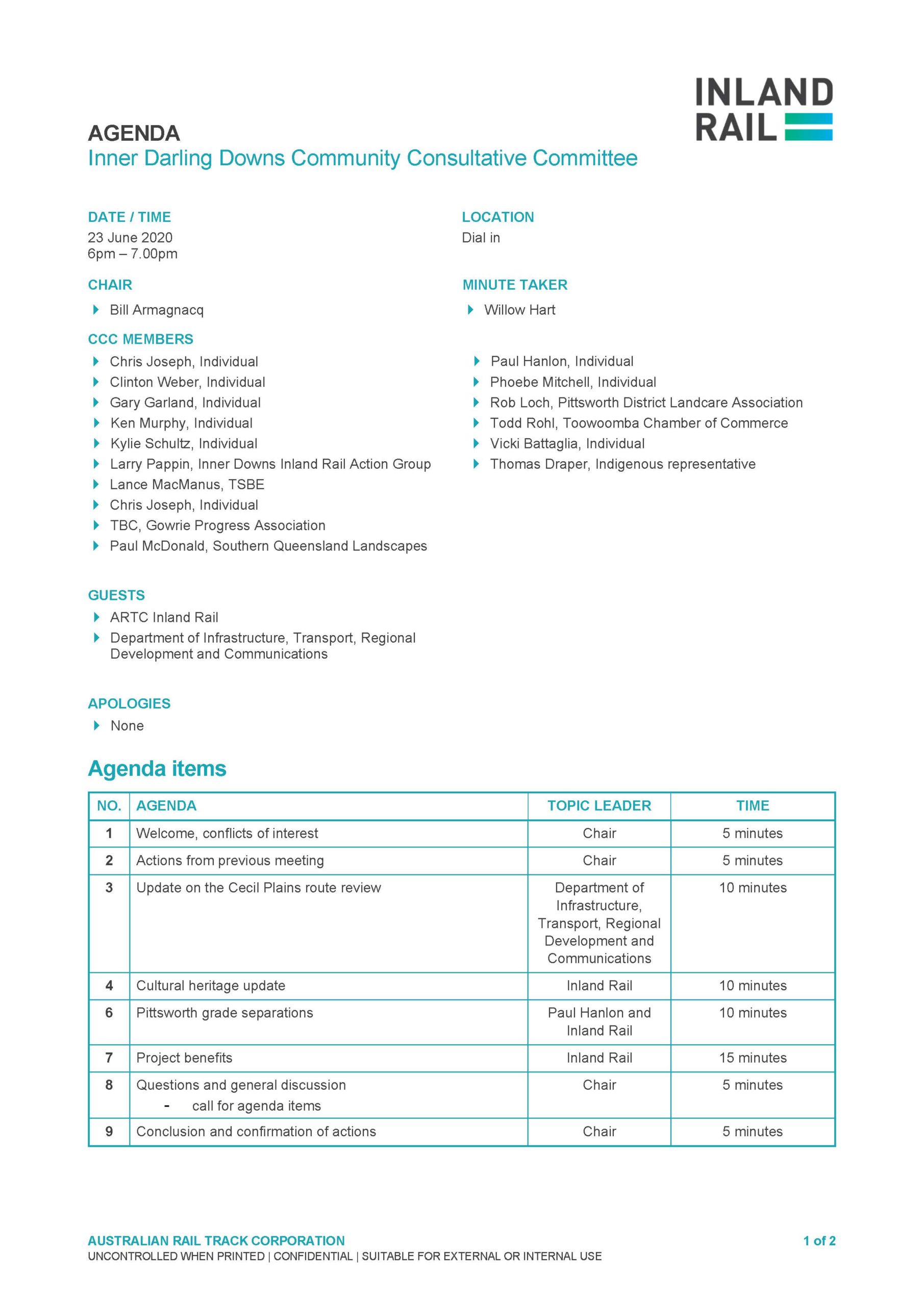 Cover page for Inner Darling Downs CCC meeting agenda for 23 June 2020