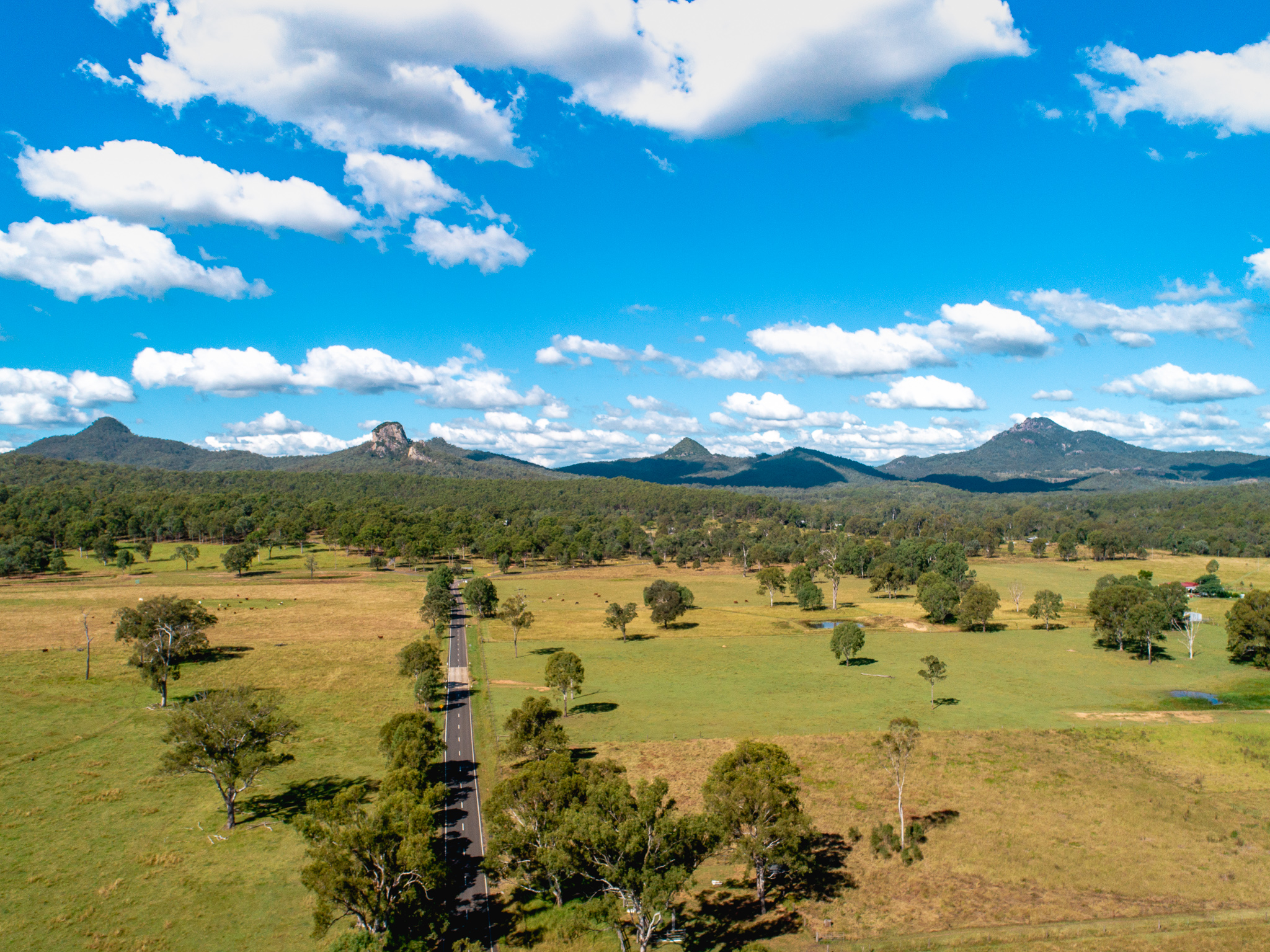 Aerial view of Mount Flinders Road at Truloff Road, Peak Crossing, Queensland.