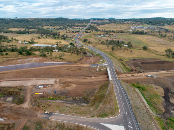 Aerial view of new corridor on Ganzer Morris Road from Morris Road, Gowrie, Queensland.
