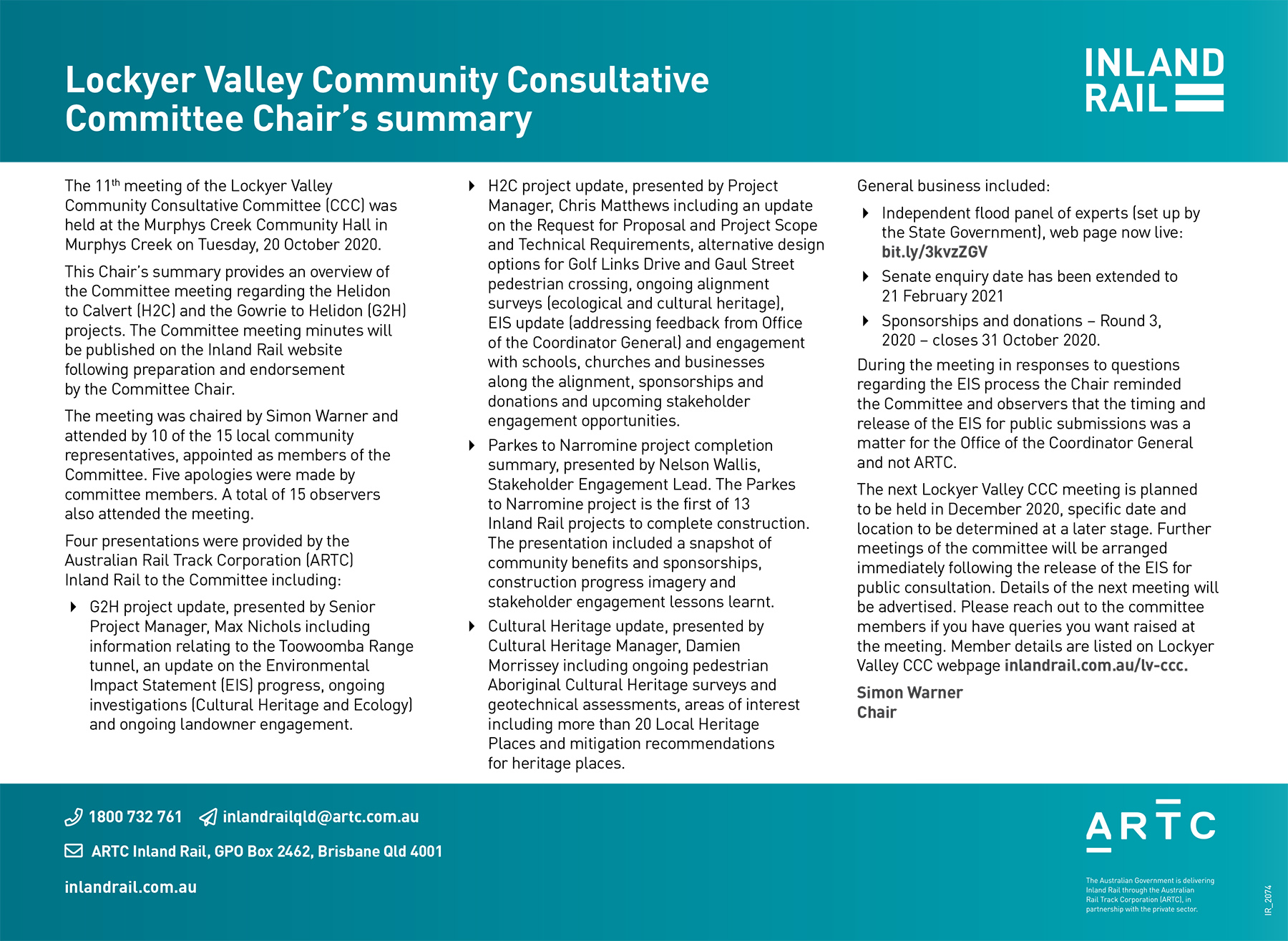 Lockyer Valley Community Consultative Committee Chair's summary