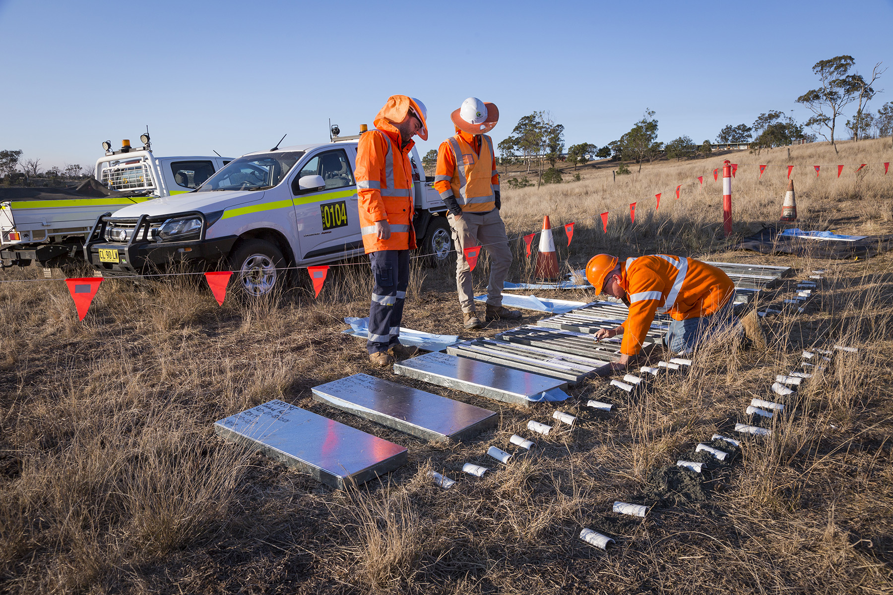 ARTC drilling site on a property owned by Teen Challenge, near Toowomba. Drill hole number is 320-01-BH2101 - Sam Coombes, Senior Geotechnical Engineer, Golders and Associates , Ed Smith, Geotechnical Engineer, Golders and Associates, Peter Thomas Chief Geologist ARTC,