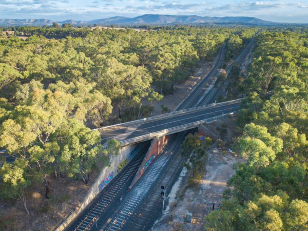 Road bridge travelling over a rail line outside Seymour