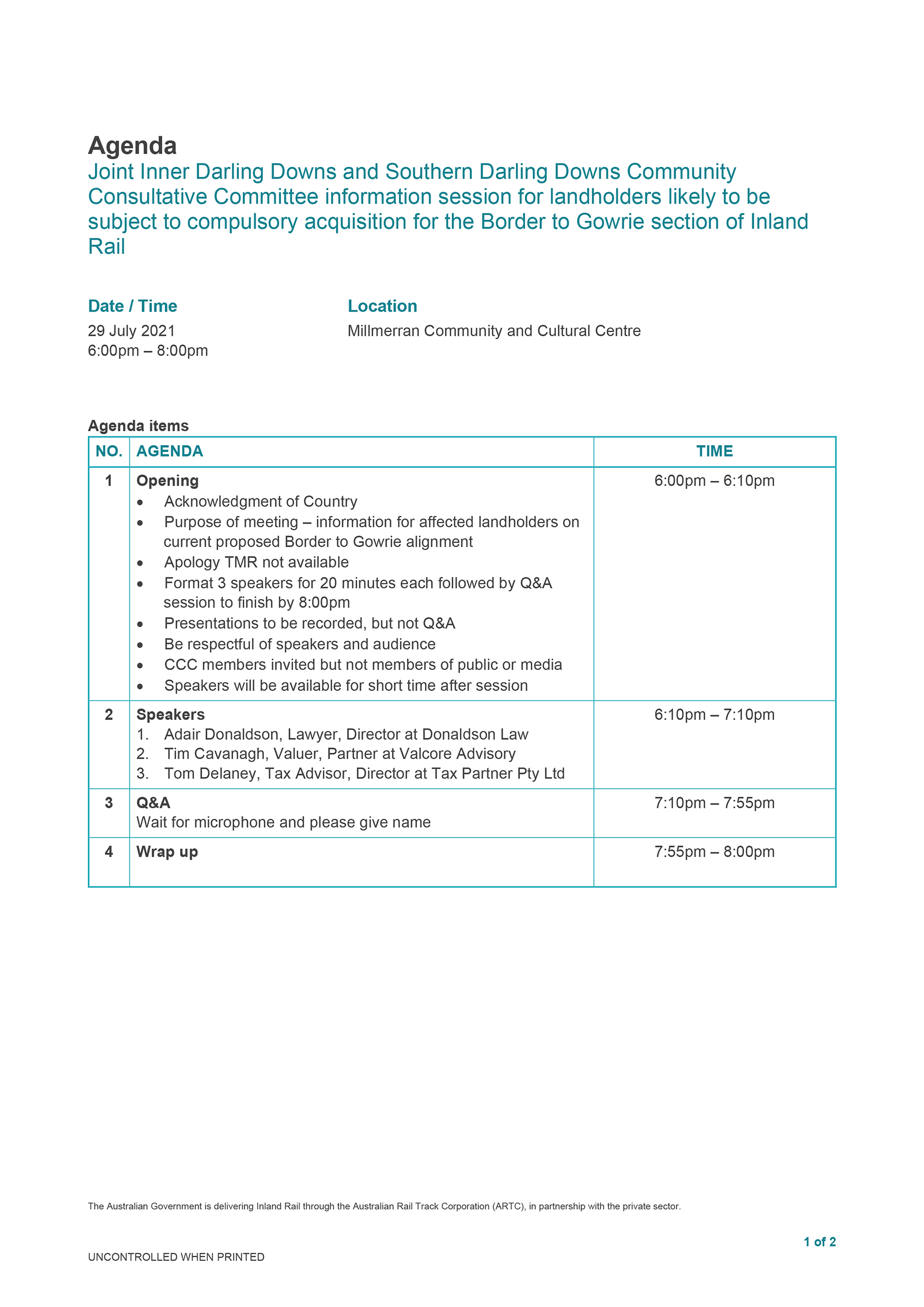 Inner Darling Downs and Southern Darling Downs CCC information session agenda