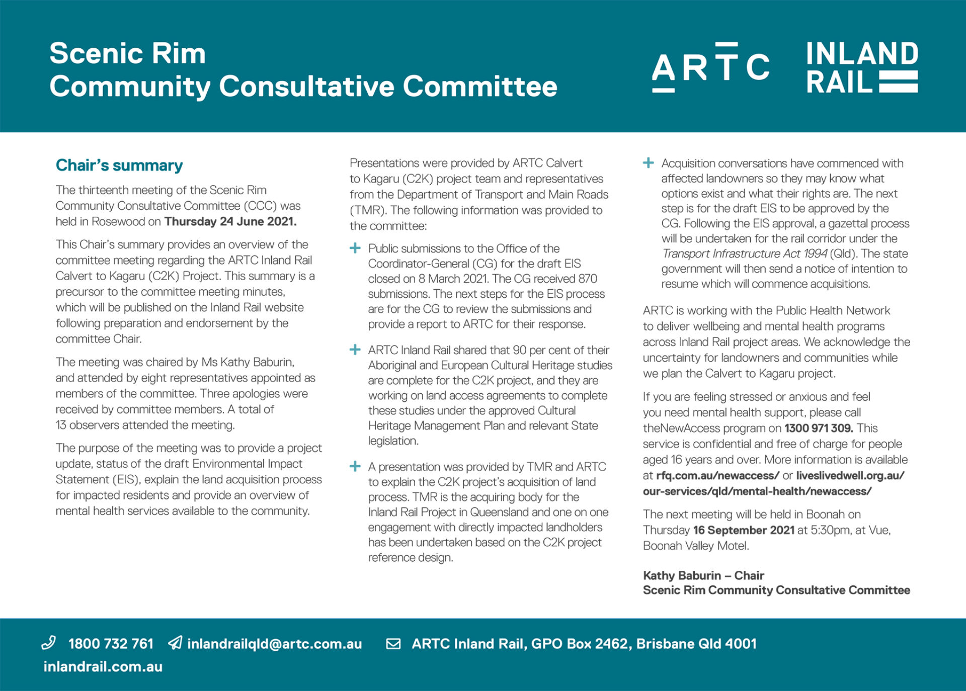 Scenic Rim and Ipswich CCC Chair's summary 24 June 2021 - Inland Rail
