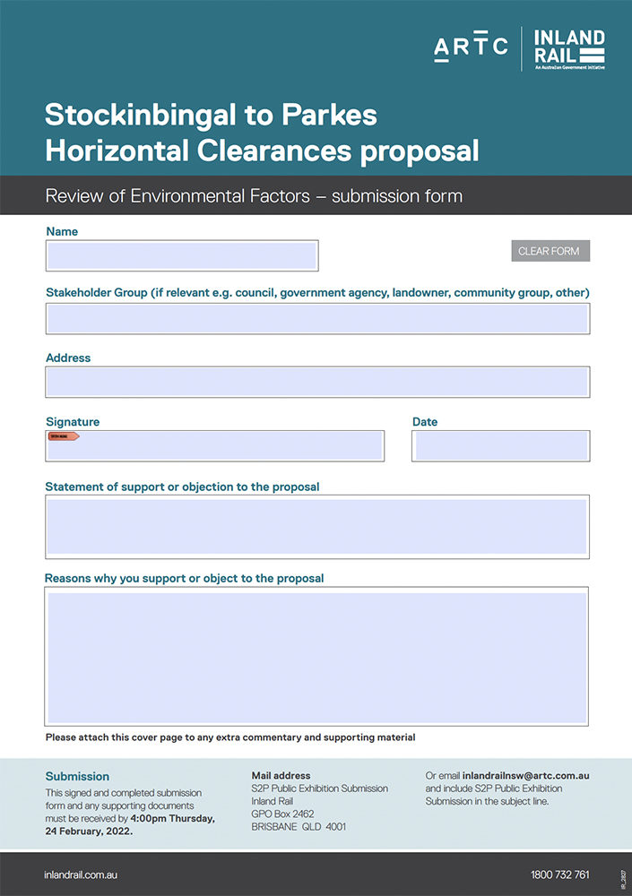 Thumbnail of the Stockinbingal to Parkes Horizontal Clearances REF submission form