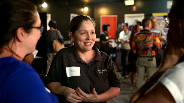 Inland Rail social performance team members speaking with local businesses at the recent workforce development event in Goondiwindi.