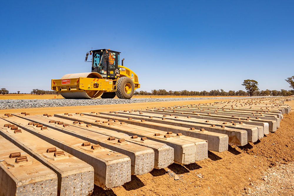 Sleepers laying on a site of the Inland Rail track in Whitton Park, New South Wales.