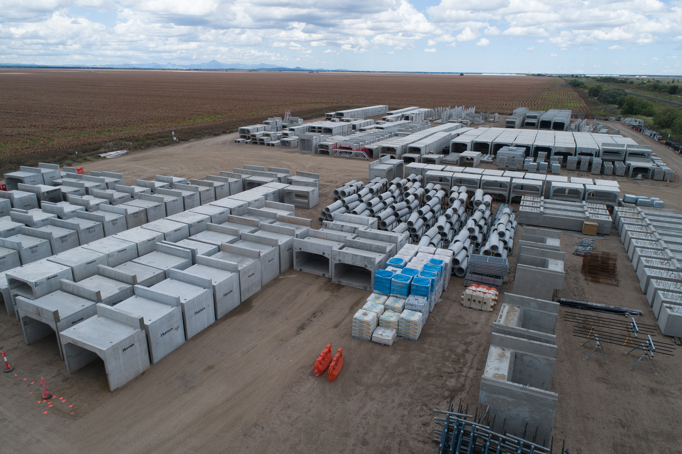 Aerial image of concrete culverts in construction lay-down area for Narrabri to North Star Phase 1 construction