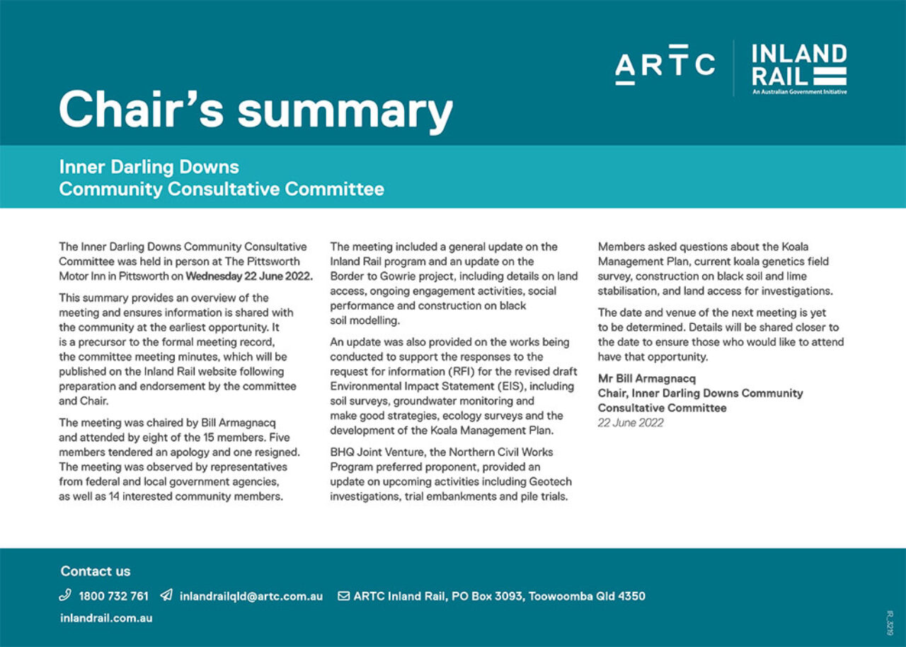 Inner Darling Downs CCC chair's summary 22 June 2022 - Inland Rail
