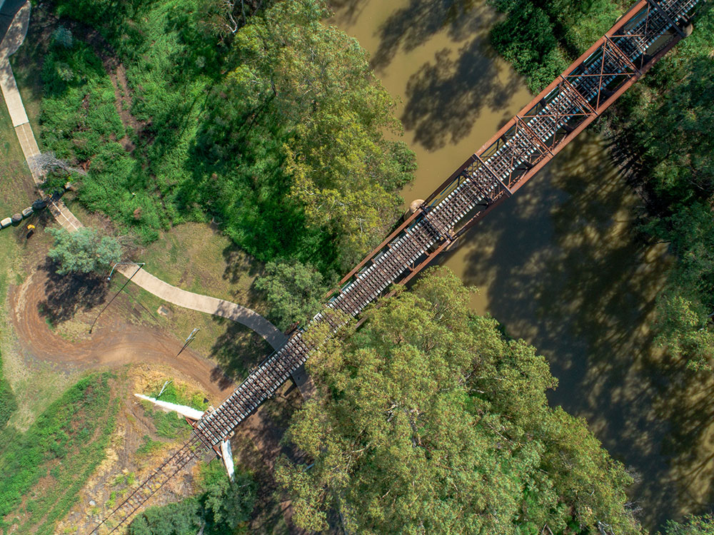 Aerial view of Gwydir River rail bridge, Moree, New South Wales.