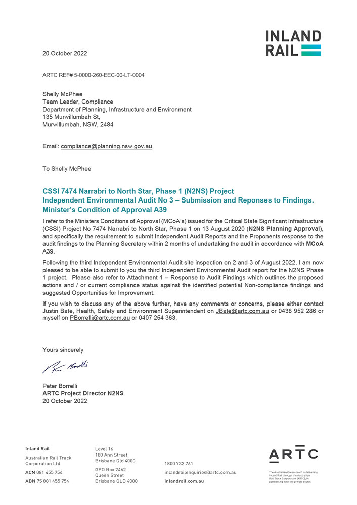 Thumbnail image of Narrabri to North Star Phase 1 Independent Environmental Audit: Audit 3 – Construction letter