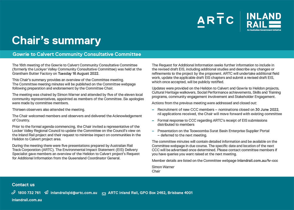 Thumbnail image for Gowrie to Calvert CCC meeting chair's summary 16 August 2022 document