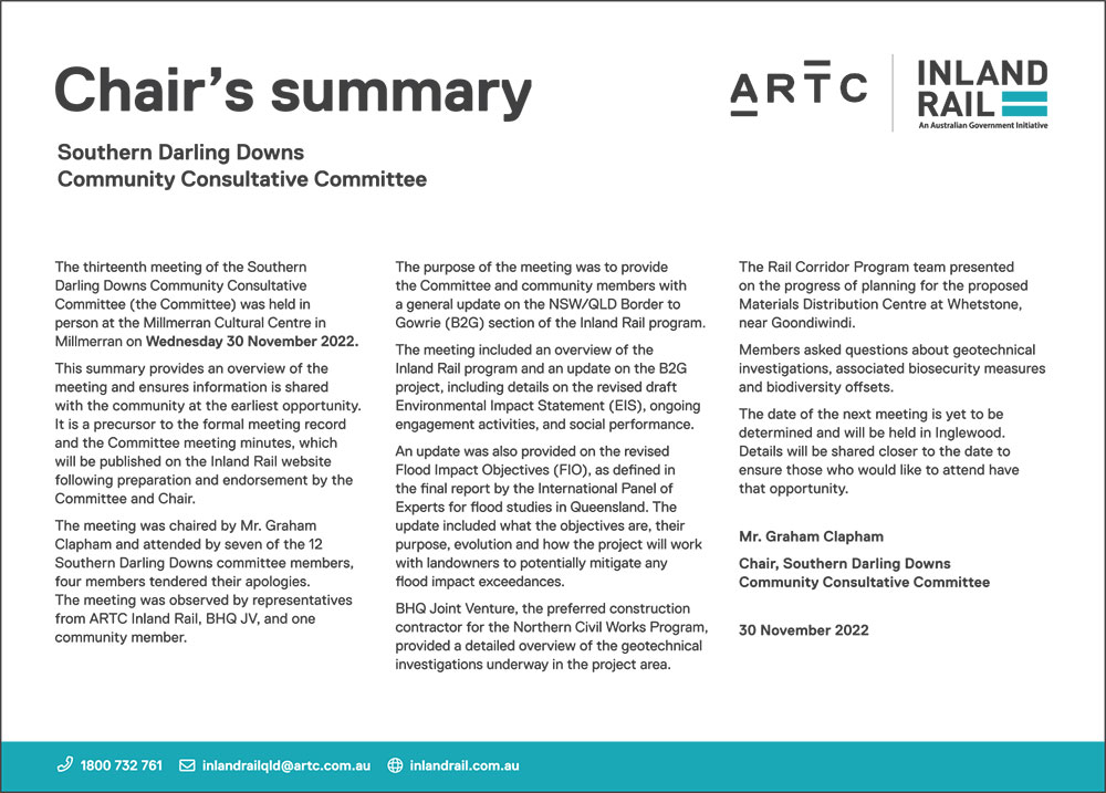 Thumbnail image for Southern Darling Downs CCC chair’s summary 30 November 2022