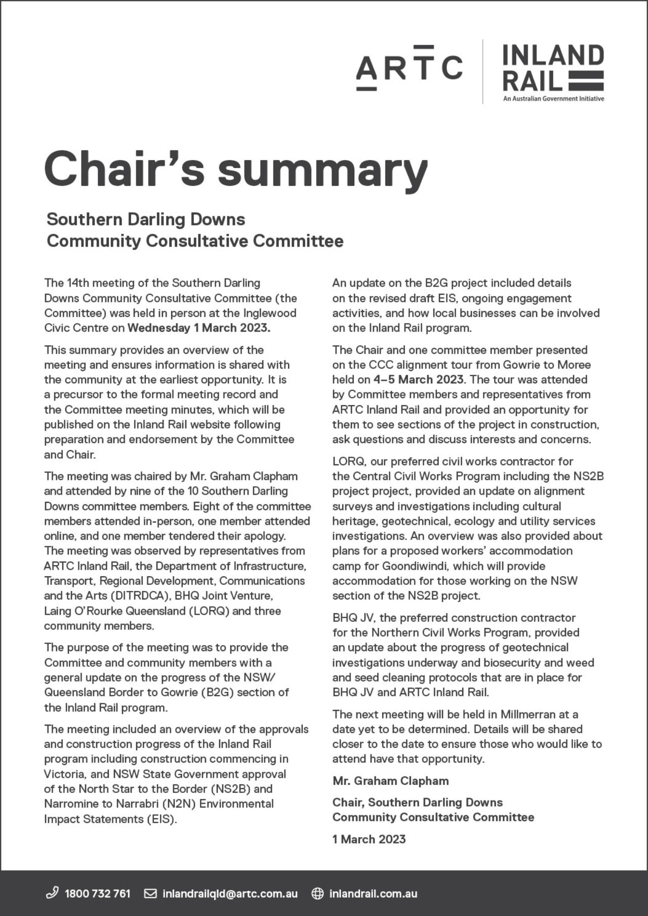 Southern Darling Downs CCC chair’s summary 1 March 2023 - Inland Rail