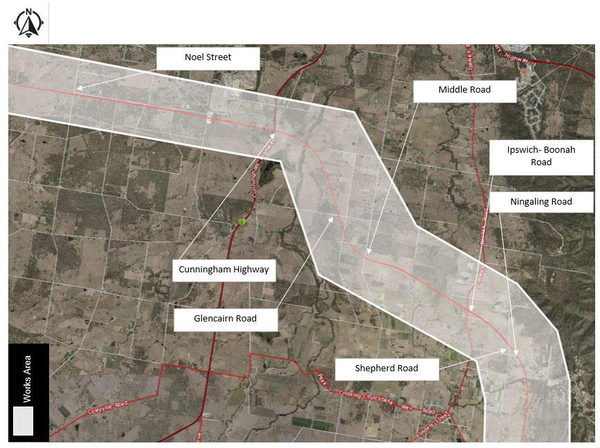 Image of planned investigations between Peak Crossing and Ebenezer areas.