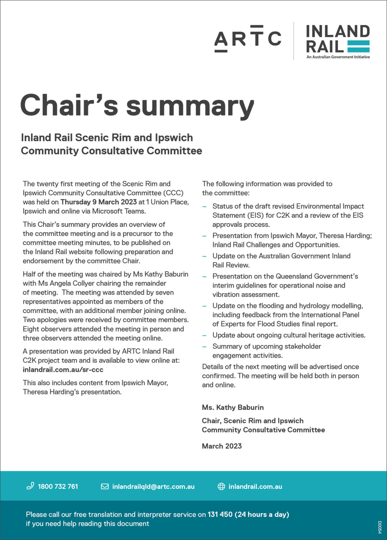 Scenic Rim and Ipswich CCC chair’s summary 9 March 2023 - Inland Rail