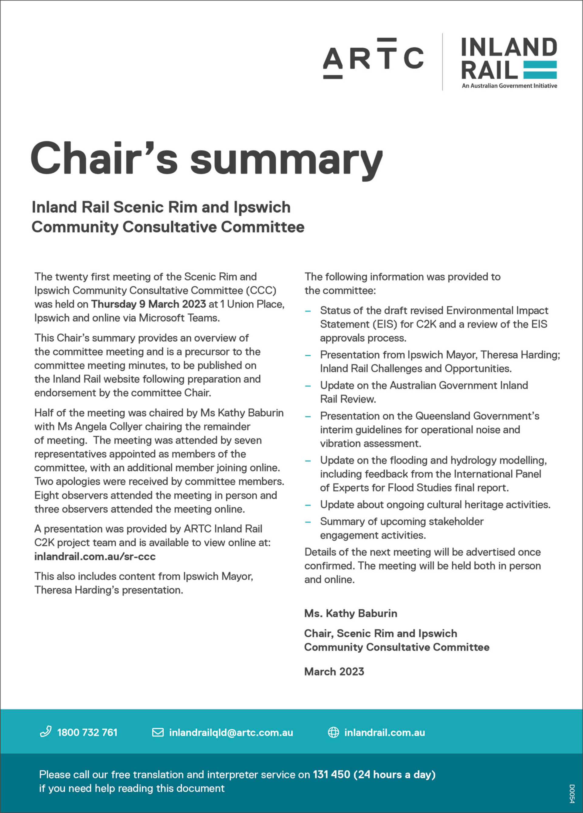 Scenic Rim and Ipswich CCC chair’s summary 9 March 2023 - Inland Rail
