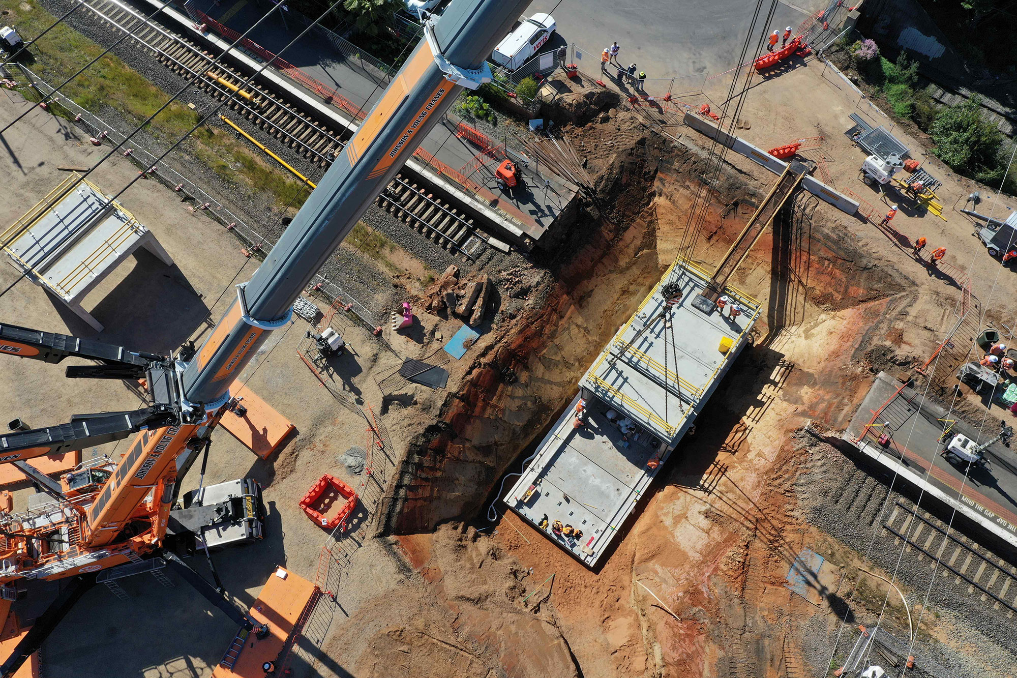 Birds-eye view of the installation of the pedestrian underpass at Wangaratta Station during the September possession