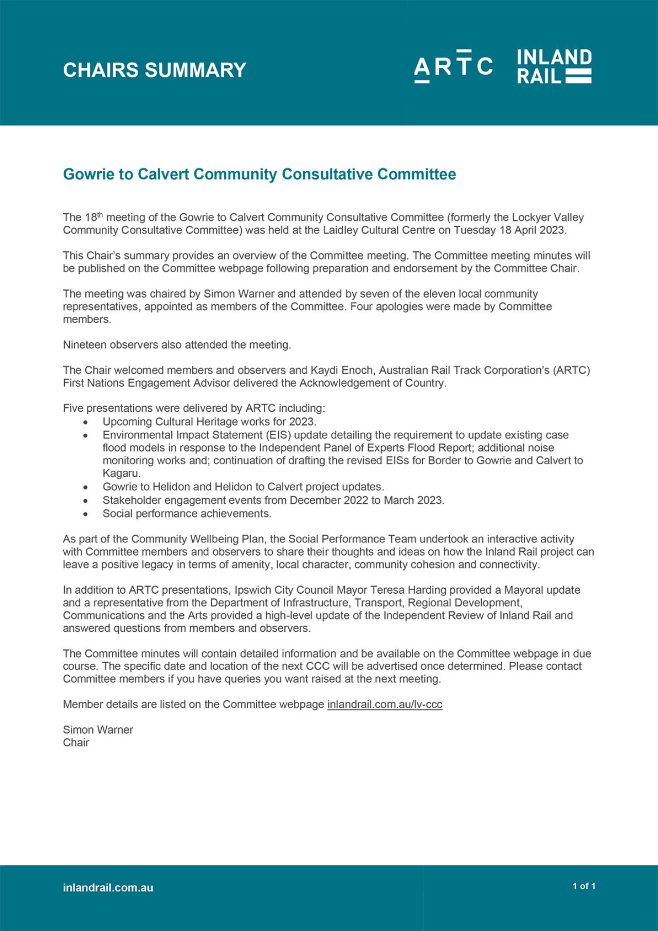 Gowrie to Calvert CCC meeting chair's summary – 18 April 2023 - Inland Rail