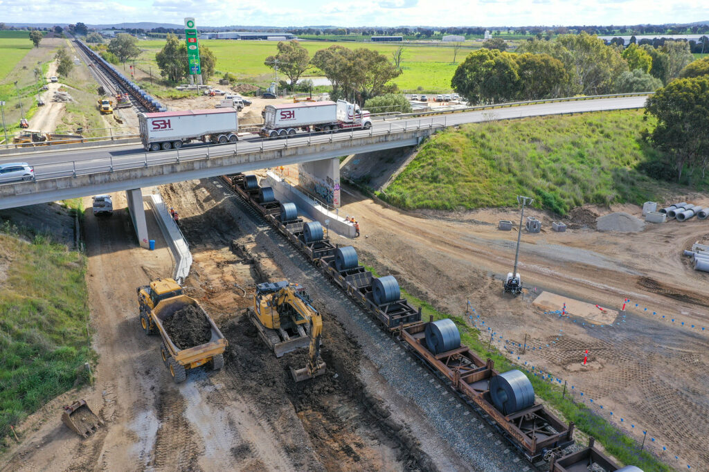 Beams ready to be craned into place to form the new Beaconsfield Parade bridge at Glenrowan