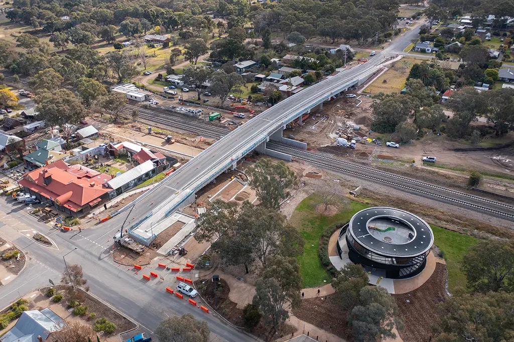 A bridge over a railway track, surrounded by a small amount of roadworks.