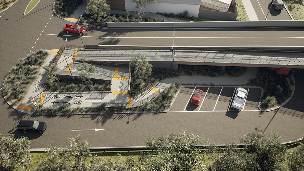 An illustration showing a bike path and carparks next to a bridge