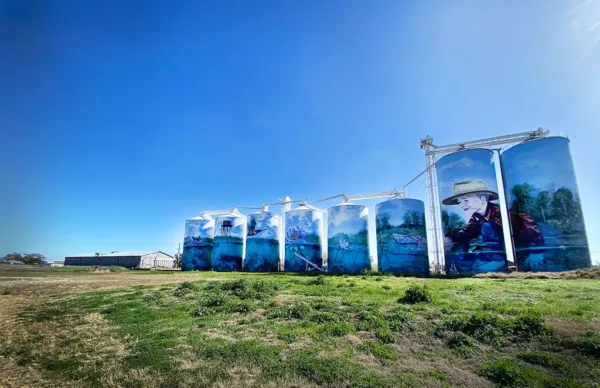 A row of painted silos in a field