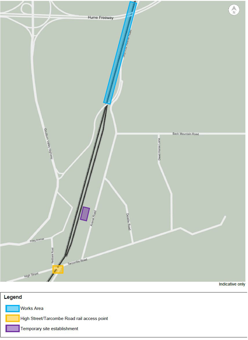 Map of works area showing an area near the Hume Freeway at Seymour