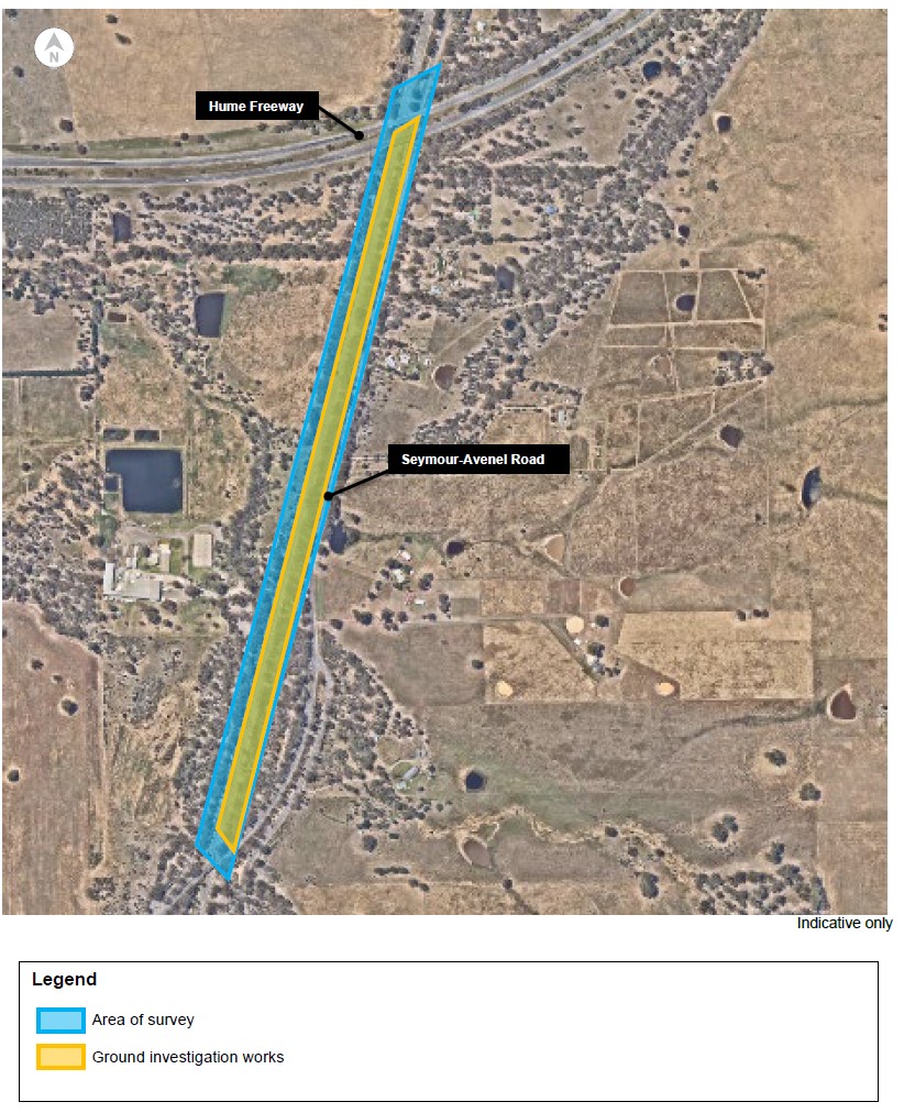 Map of works area showing a corridor from Seymour-Avenel Road and the Hume Freeway, Seymour.