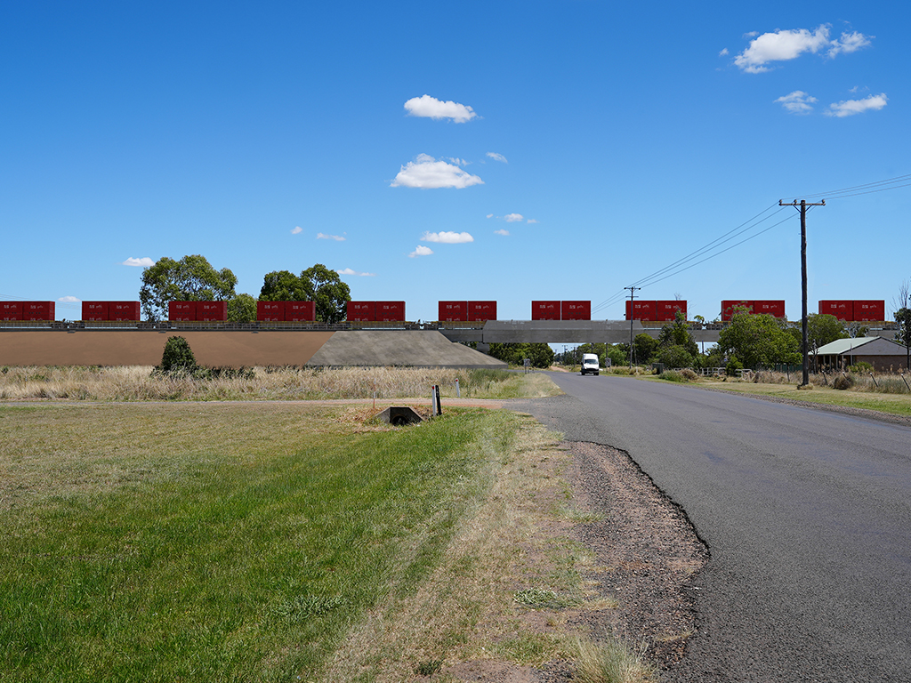 A visualisation of an embankment leading to an overbridge over Yarrie Lake Road, Narrabri