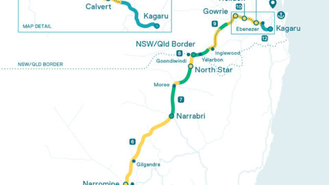 A map showing the Inland Rail fast freight line route, from Melbourne to Brisbane.