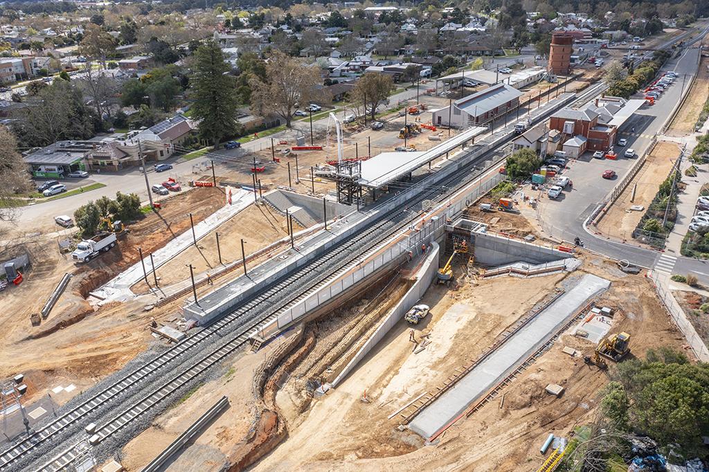 Overview of construction works at a railway station