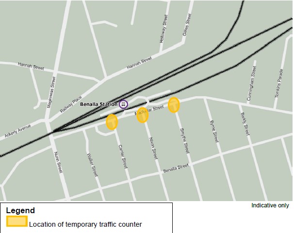 Map of Benalla showing locations along the rail corridor, as described in the text.