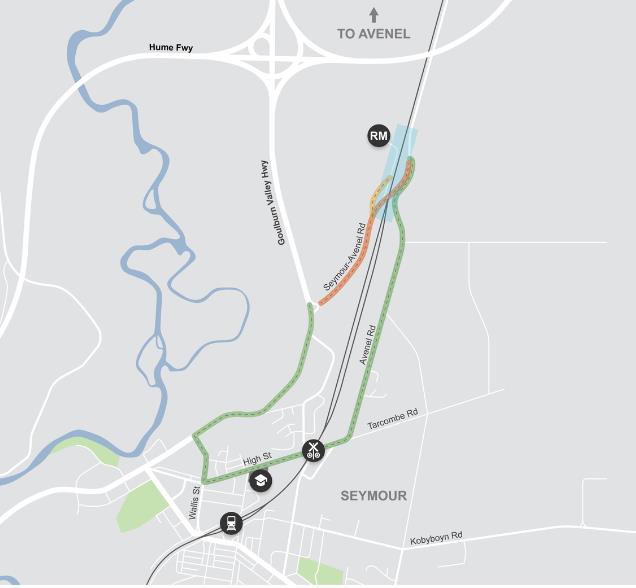 A map showing the works area around Seymour.