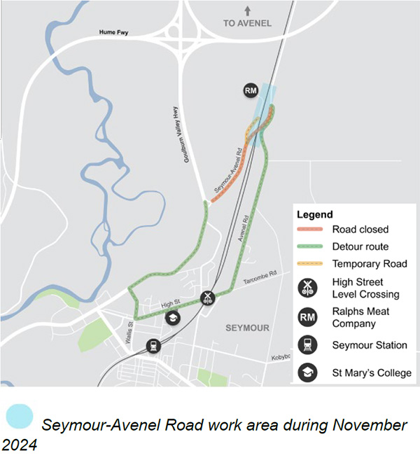 Map of works area around Seymour as described in the text.