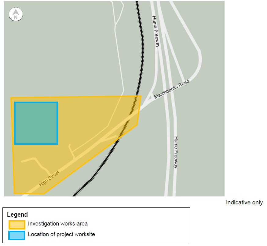 A map showing a worksite area that extends from Marchbanks Rd, down High St and across adjacent land, in Broadford.