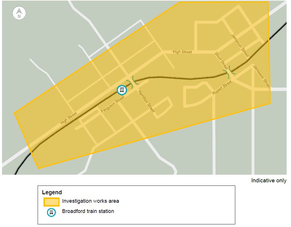 Map showing area around Broadford Train Station and Short Street, where works will take place.