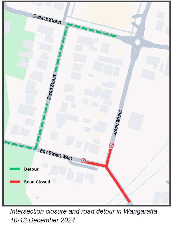 Map showing Detours in place via Dixon and Cusack streets from 10–13 December