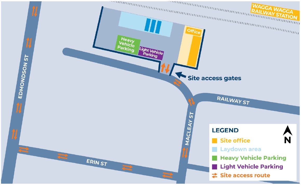 A map showing the location of works next to the railway lines on Railway St, Wagga Wagga