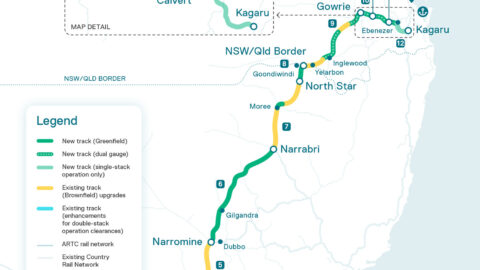 A section of a map of Australia, showing a rail line stretching from Melbourne through to Brisbane, inland from Sydney and Canberra.