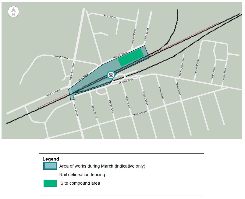 A map showing a work area around the Benalla Station.