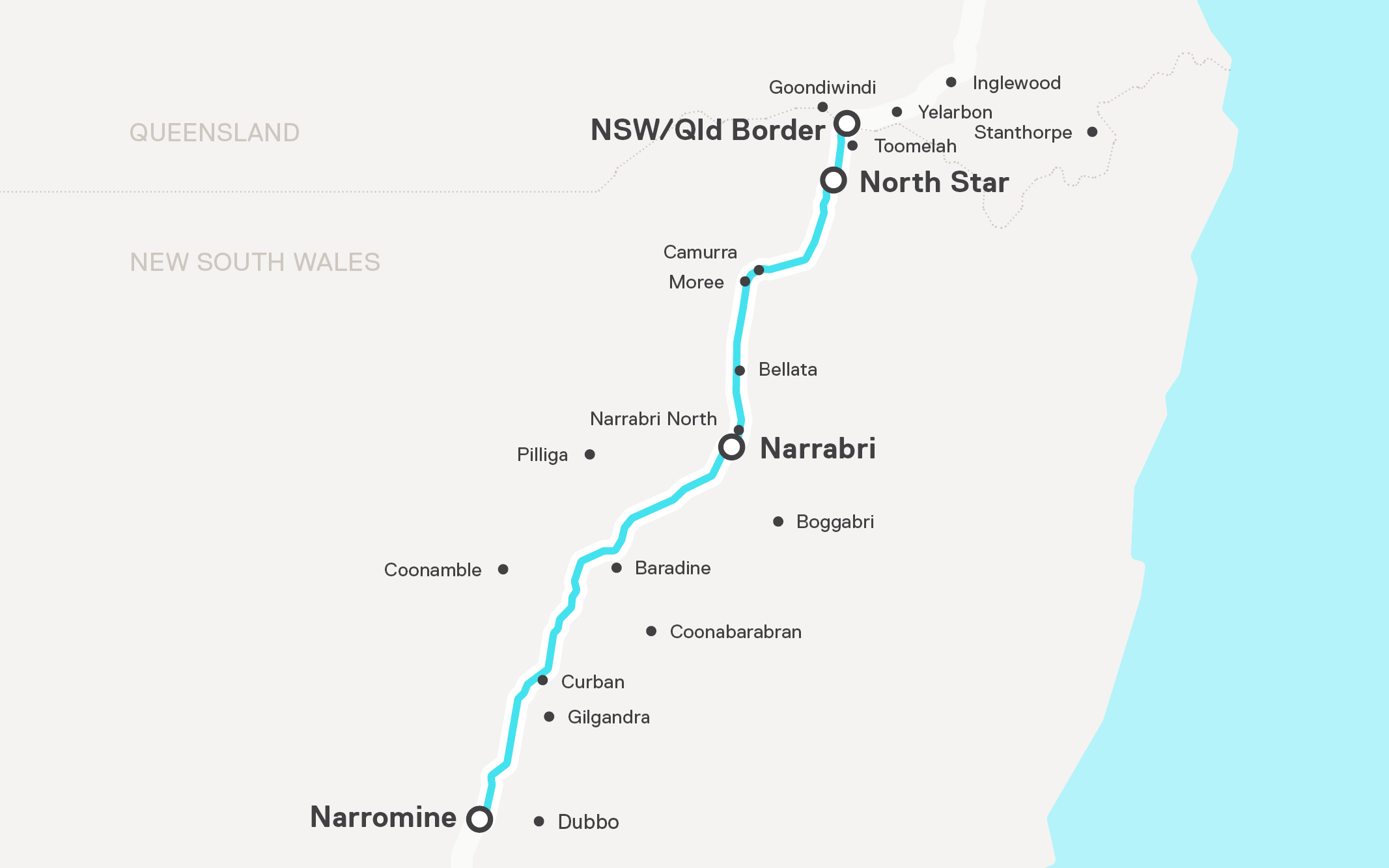 A map showing a rail alignment from Narromine in central NSW to the Qld/NSW border at North Star.